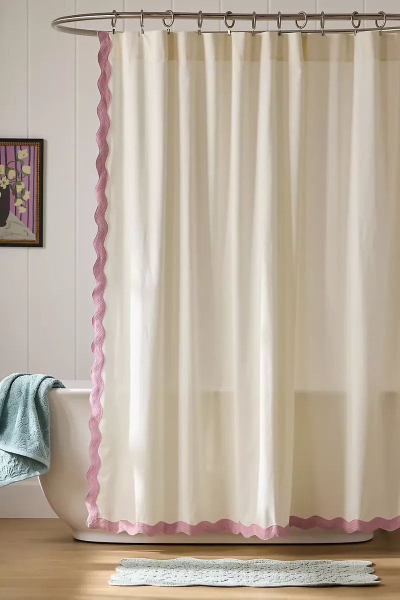 Embroidered Scalloped Cotton Shower Curtain